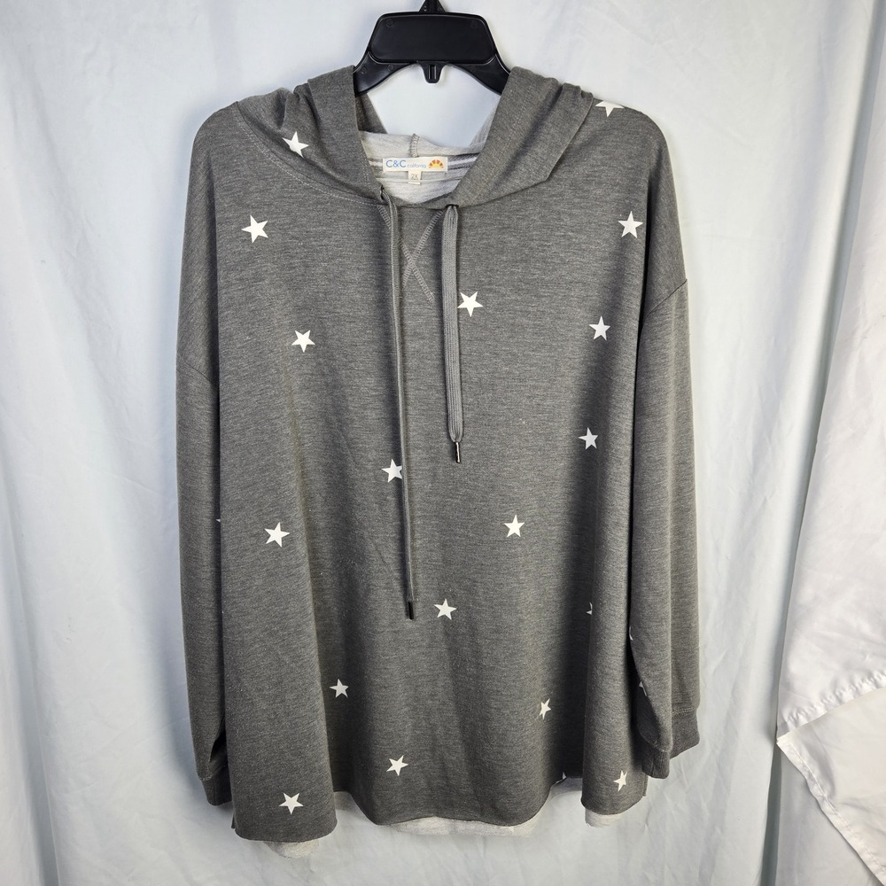C&C California Star Hoodie Womens 2X Gray Novelty Patriotic Soft Neutral Beach
